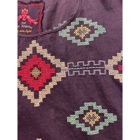 Johnny Was JW Los Angeles Boho Embroidered Linen Navy Top Small - Picture 4 of 5